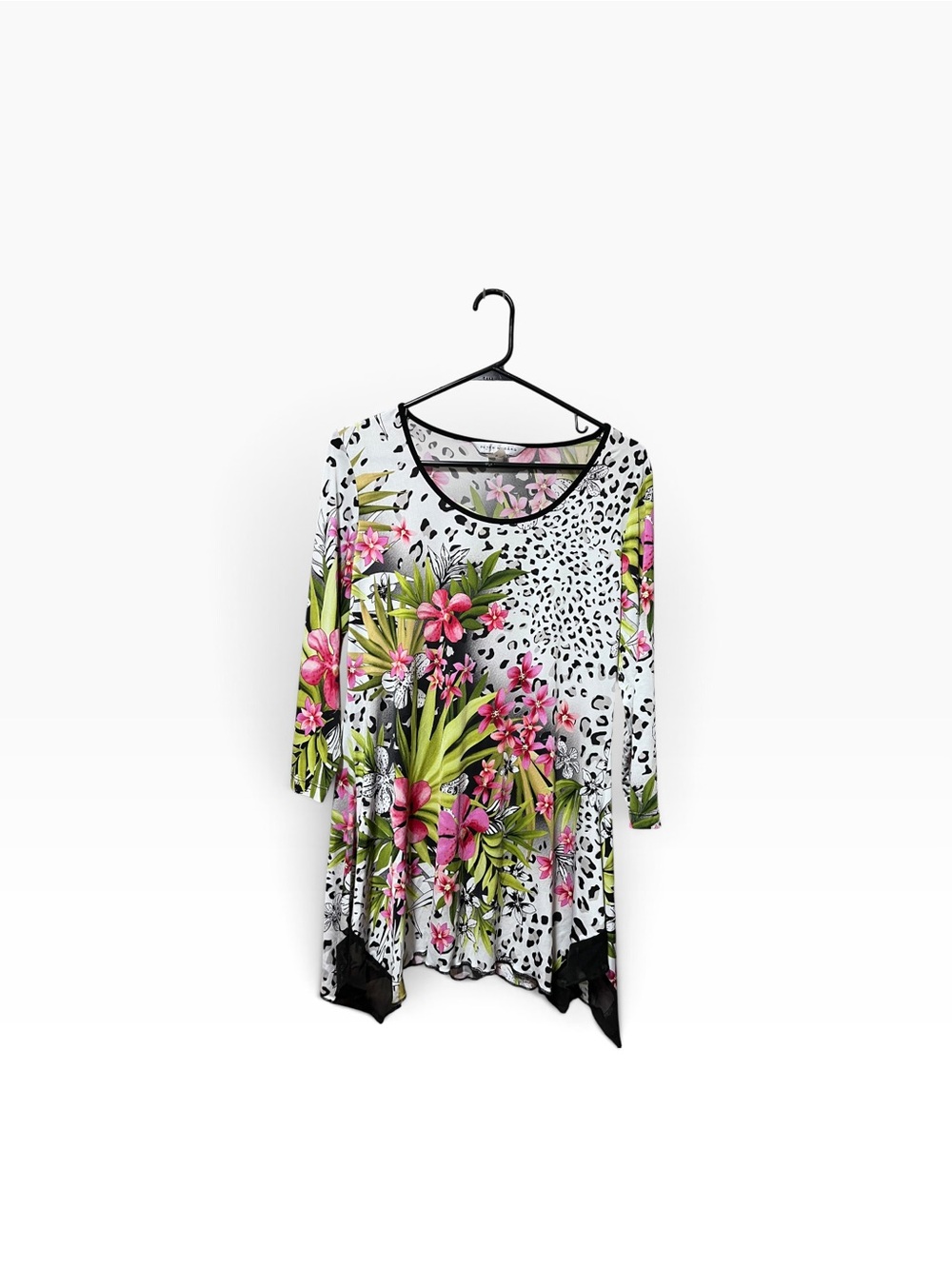 Peter Nygård Floral & Leopard Print Sharkbite Tunic Blouse S